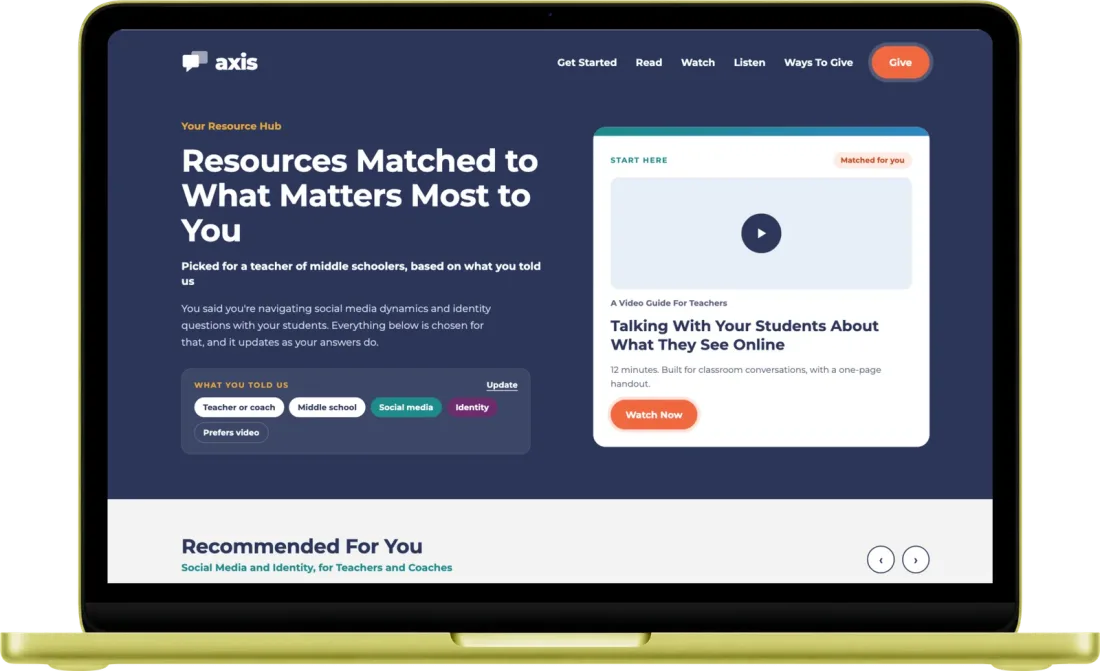 The Axis resource hub on a laptop, showing resources matched to a middle school teacher