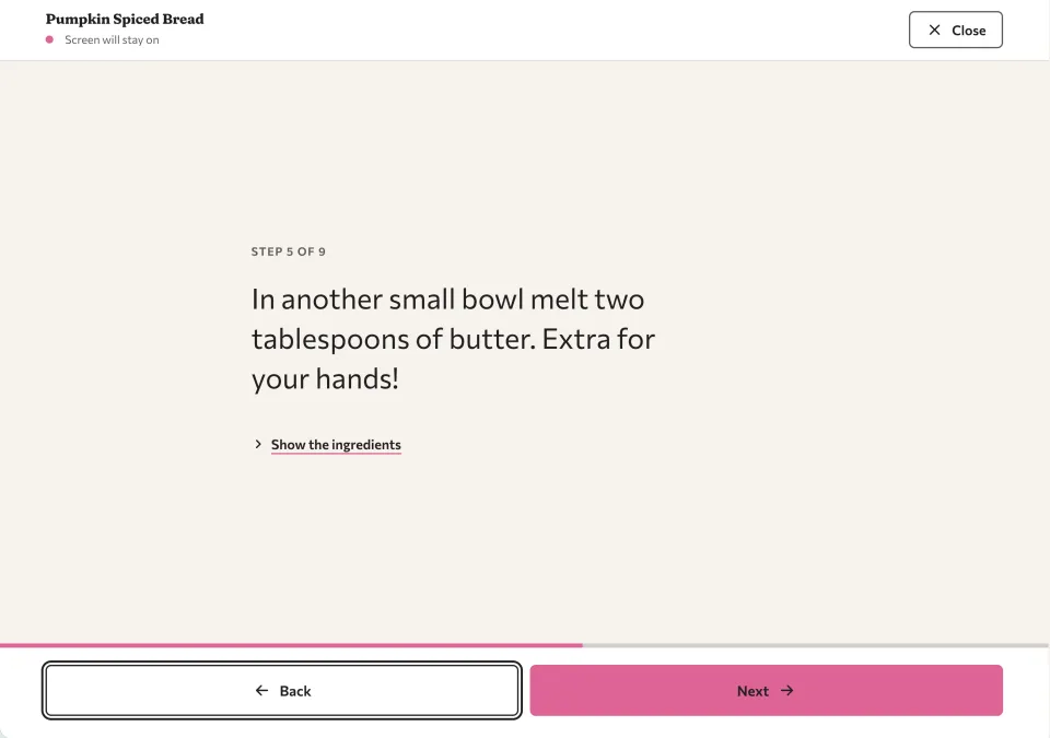 Cook mode showing step 5 of 9 in big print
