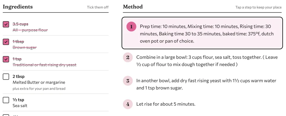 Ingredients ticked off and the current step highlighted