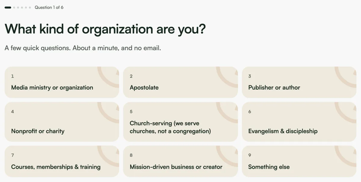 The first question of the calculator: What kind of organization are you?