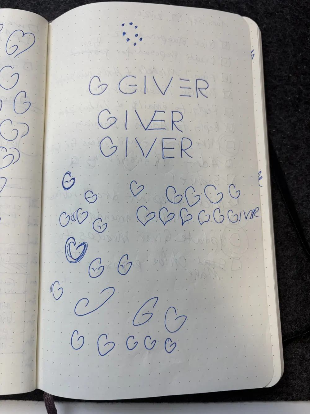A notebook page of hand-drawn G and heart shapes and the word Giver