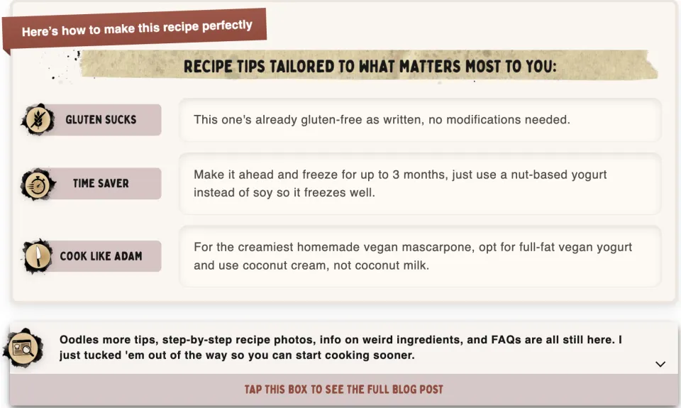 Recipe tips tailored to one reader: gluten-free, time saver and cook like Adam