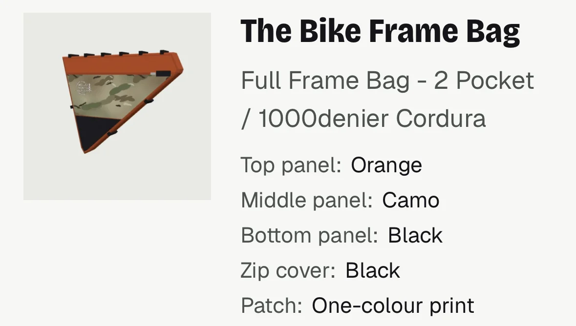 A cart on a phone: a picture of the rider's frame bag in orange, camo and black, with the style, fabric and each panel colour listed