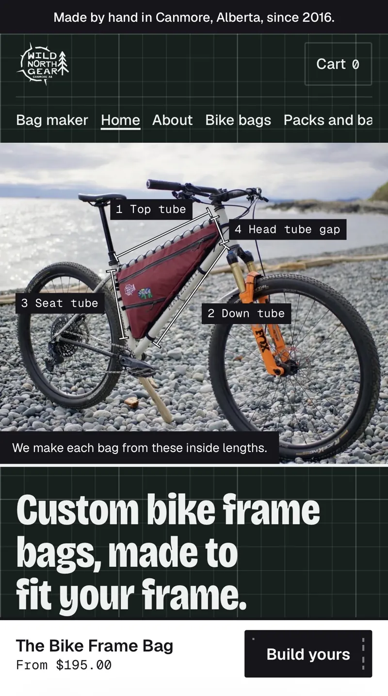 The Wild North Gear home page on a phone, with the four frame measurements drawn on a photo of a bike