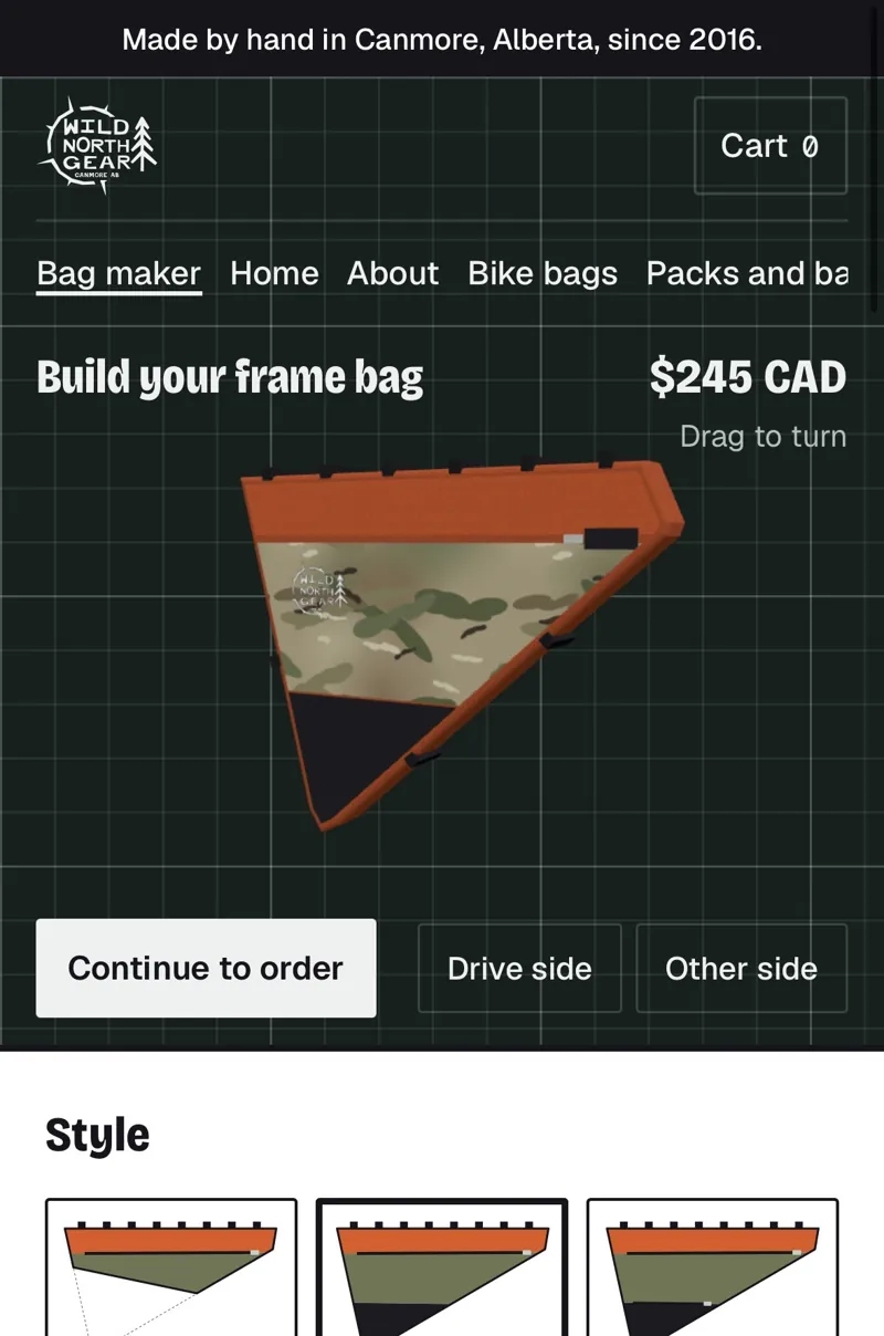 The bag maker on a phone: a 3D frame bag in orange and camo, the price, and the three styles