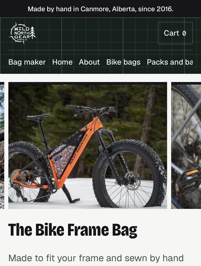 The Bike Frame Bag order page on a phone, with the price and Add to cart