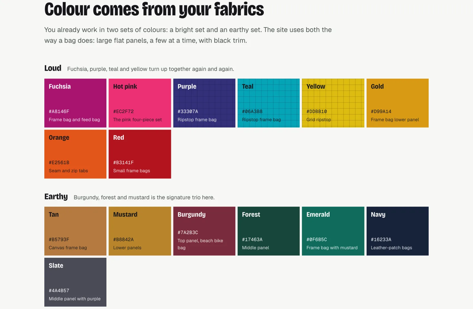 The colour page of the Wild North Gear style guide: loud, earthy and binding colours, each named after a bag it came from