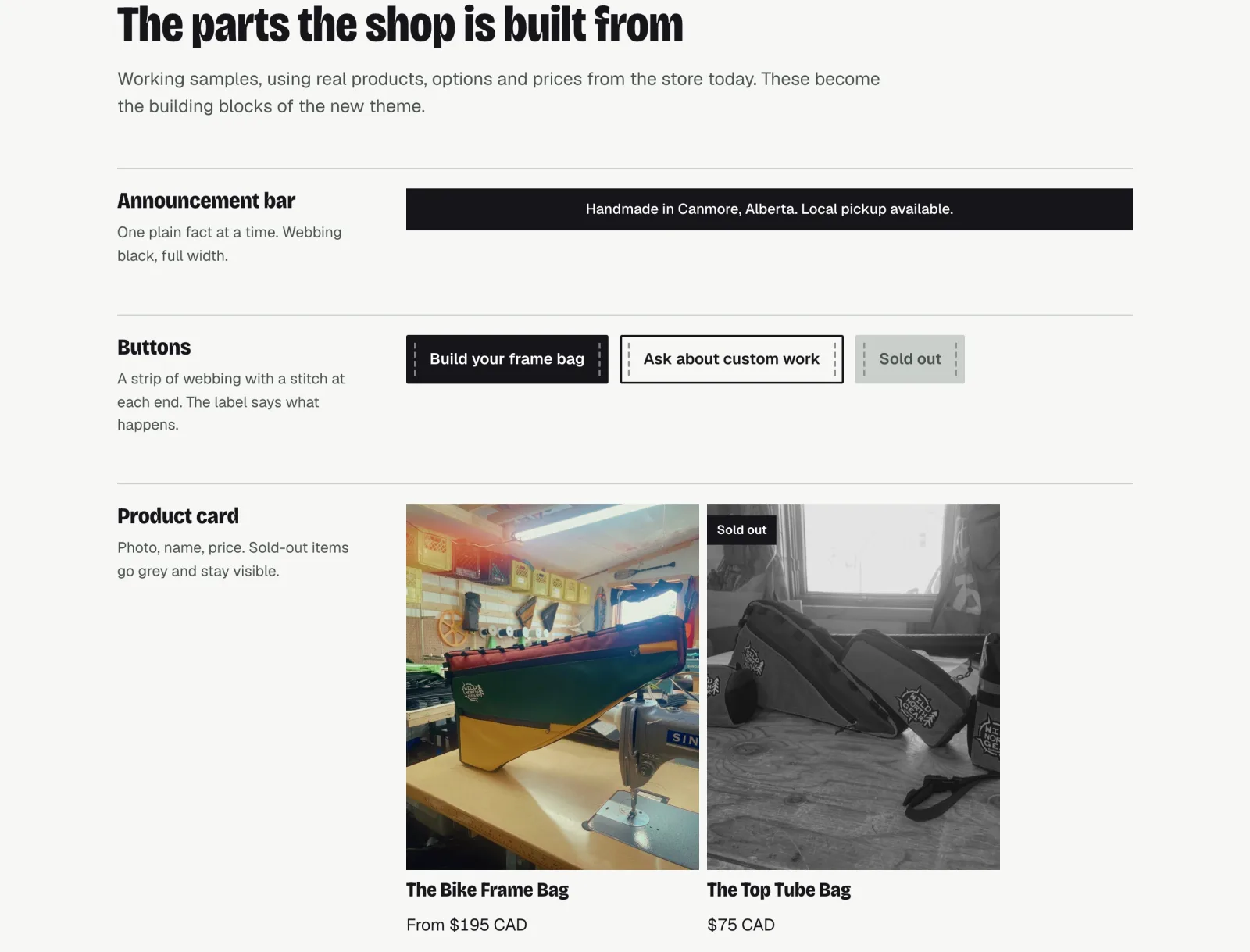 The parts page of the Wild North Gear style guide: announcement bar, buttons, product cards with a sold-out state