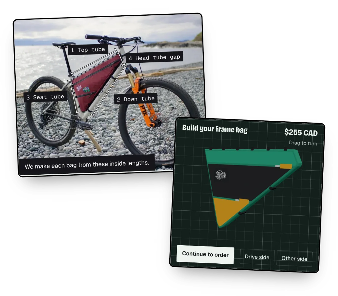 The home page photo with the four frame measurements marked, and the 3D bag maker on a phone