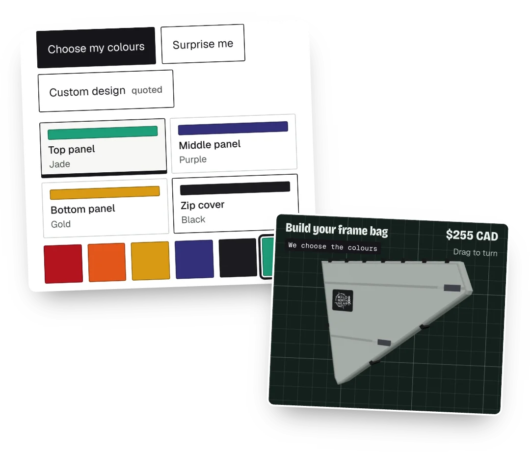 The colour picker with Choose my colours, Surprise me and Custom design, and a grey bag marked We choose the colours